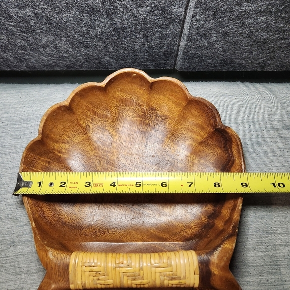 Vintage Philippines Monkey Pod Double Clam Shell Bowl, Woven Rattan Handle 14x9 - Picture 7 of 8